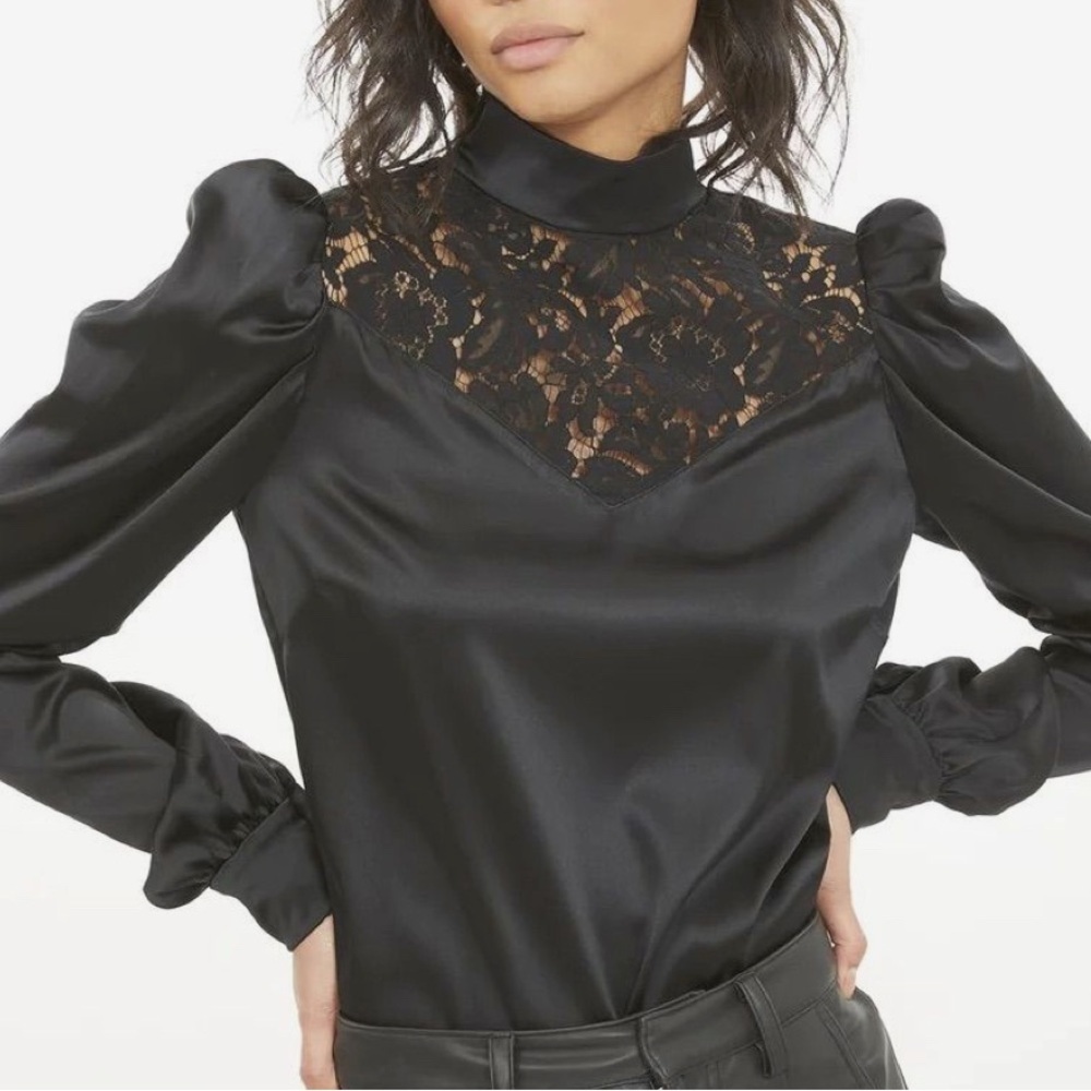 Nicole Miller Elegant Black Lace Satin Blouse